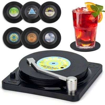 Image of Litensh 6pcs Retro CD Vinyl Record Coasters, Non Slip Rubber Drink Mats Coaster Insulated Round Tea Coffee Cup Drinks Tabletop Protection Prevents Slipping Holder (M2 Pattern + Holder)