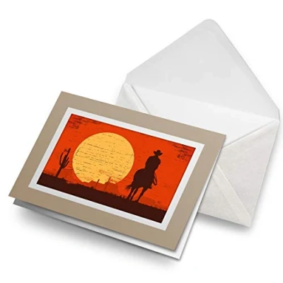 Image of Greeting Cards Biege (Insert) Sunset Cowboy Texas Horse Blank Greetings Card Birthday Kids Party Boys Girls #12885