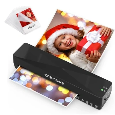 Image of Crenova A4 Laminator, Thermal Laminator Machine for Hot and Cold Settings with 10 Laminating Pouches No Bubbles School Home Use (Black)
