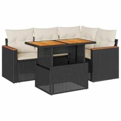 Image of vidaXL 5 Piece Modular Garden Sofa Set with Cushions Black PE Rattan &amp; Acacia Outdoor/Patio Furniture Storage Removable Covers