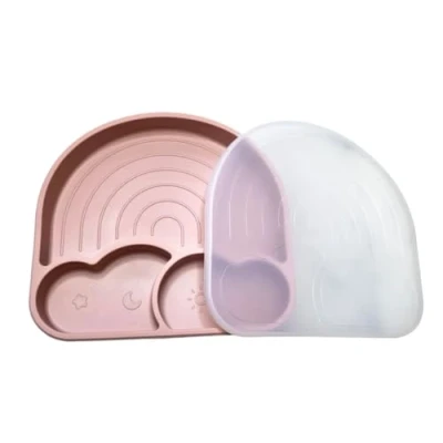 Image of Moon Snow Rainbow Divided Suction Plate Baby. Baby Weaning with Lid, Toddler Suction. 100% Food Grade Silicone, BPA &amp; PVC Free, Dishwasher/Microwave Safe. Blush