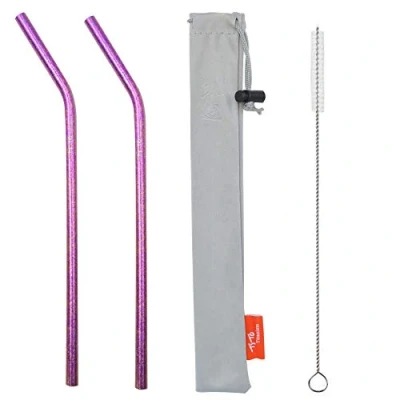 Image of TiTo 2Pcs Titanium Metal Straw Reusable Colorful Ultralight Drinking Straws with Cleaning Brush and Bag for Smoothie, Milkshake, Cocktail Hot Drinks(Rose,Bent)