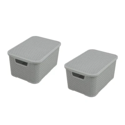 Image of BranQ Home essential Set of 2 baskets with lid in rattan design, size S 7 L, BPA free, PP plastic, light gray, 28.5 x 19.5 12.9 cm, pieces,