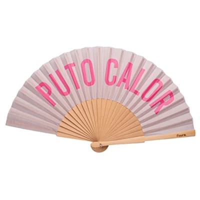 Image of Fisura Original handheld folding Fan with the message in Spanish. Wooden fan. holding Hand Fans. hanger included (Calor, grey and pink)