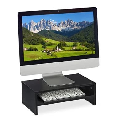 Image of Monitor Stand, Ergonomic Screen Holder, Elevation for Computer, in Home and Office, hwd: 14x40x23.5 cm, Black Relaxdays
