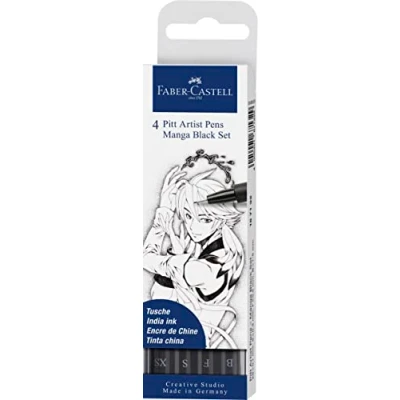 Image of Faber Castell Creative Studio Pitt Artist Pen India Ink Pen, Manga Black Set, Wallet Of 4, For Art, Craft, Drawing, Sketching, Home, School, University, Colouring