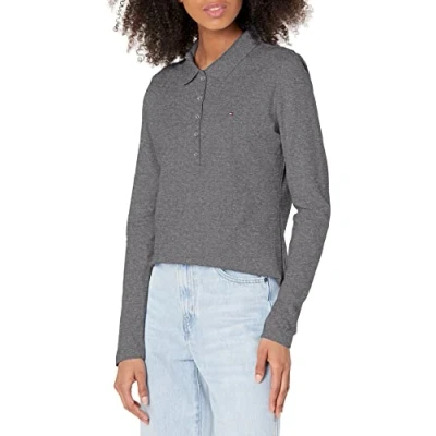 Image of Tommy Hilfiger Women&#039;s Long Sleeve Polo Shirt, Heather Charcoal, XS