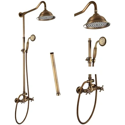 Image of Aolemi Shower Faucet Antique Brass 8 Inch Rainfall Head 12 Extension Tube Included Handheld Spray Fixture Dual Knobs Mixer Bathroom System Combo Set Wall Mount
