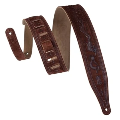 Image of Levy&#039;s Leathers Ms17t03 brn 2.5 inch Suede Leather Tooled Guitar Strap with Kokopelli Design Brown