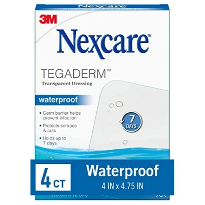 Image of Nexcare Tegaderm Waterproof Transparent Dressing, Comfortable, Stretchy, Wear Up to 7 Days, 4 Inches X 3/4 Inches, Count