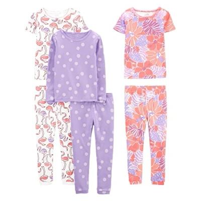 Image of Simple Joys by Carter&#039;s Baby Girl&#039;s 6 Piece Snug Fit Cotton Pajama Set, Lilac Dots/White Flamingo/Floral, 9 Months (Pack of 3)