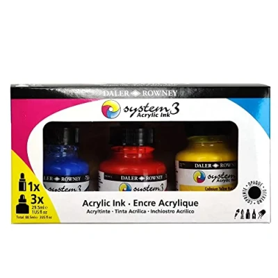 Image of Daler Rowney System3 Acrylic Ink Set, 3 x 29.5ml Bottles &amp; 1 FW Mixed Media Marker, Assorted Colours, Ideal for Professional Artists Students