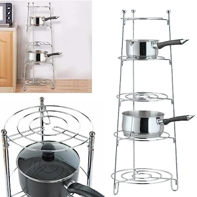 Image of Lizaa 5 Tier Saucepan Stand Chrome Kitchen Display Shelf Rack Holder Storage Solution for Pans, Pots, Saucepans,&quot; Store 80x28x28cm