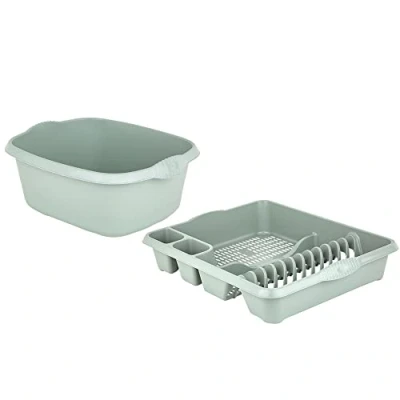 Image of M1SS Set of Silver Sage 39cm Rectangular Washing up Bowl with Large Dish Drainer Plate Rack Draining Board Tray Stand Sink Holder Kitchen Organiser