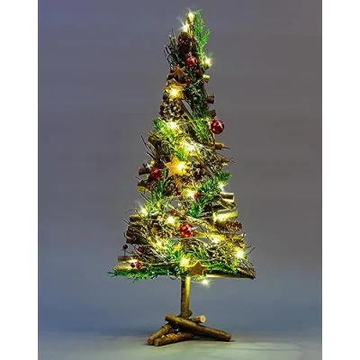 Image of SHATCHI Prelit Battery Operated Christmas Home Hanging Wooden Twigs Base Decorated with Red Baubles,Berries, Foliage,Pine Cones, Micro Rice LED Lights, Wood, Bronz Stars, Tree 50cm