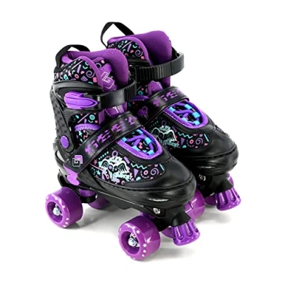 Image of 4 Wheel Adjustable Quad Roller Skates Kids Boots Childrens Rollerskates (Purple, Small/UK 11 1/)