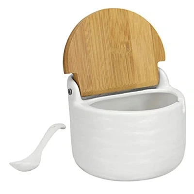 Image of Liummrcy Sugar Bowl Ceramic Pot Jar Salt Cellar Container with Reversible Bamboo Lid Spoon for Spice White