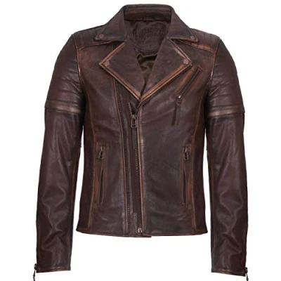 Image of Men&#039;s Brown Slim Fit Brando Style Double Cross Zip 100% Leather Biker Fashion Jacket L