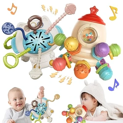 Image of VATOS 2 IN 1 Baby Montessori Toys for 3 6+ Months, Food Grade Silicone Pull String &amp; Hand Gripping Ball Sensory Activity Toy 6 12 18+ Months Babies