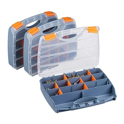 Image of Relaxdays Grey 3 Piece Box Set w/Handle, Tool Kit for Small Parts, Adjustable, HWD: 6x32x24 cm, 6 x 32 24 cm