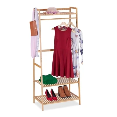 Image of Relaxdays Clothes Rack Bamboo, HWD: 164 x 78 42 cm, Rail with 3 Shelves, 2 Hooks, Free Standing, Space Saving, Natural