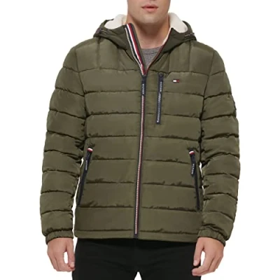 Image of Tommy Hilfiger Men&#039;s Midweight Sherpa Lined Hooded Water Resistant Puffer Jacket Coat, Olive Tech, XL
