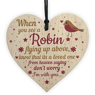 Image of RED OCEAN Robins Are Loved Ones From Heaven Hanging Wooden Heart Plaque Dad Mum Memorial Bauble Xmas Sign