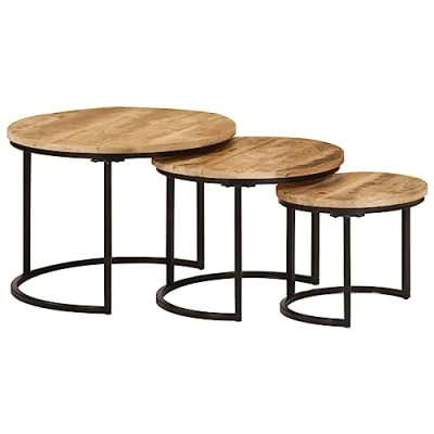 Image of vidaXL Nesting Tables Set of 3, Solid Rough Mango Wood Versatile for Living Room, Bedroom &amp; Office, Stable Tabletop, Unique Grains, Easy Assembly, Black Frame Brown Finish