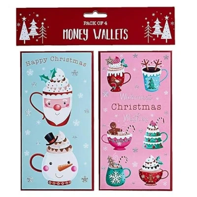 Image of Partisan Christmas Xmas Money Cash Gift Wallets &amp; Envelopes, Festive Mugs Designs Pack of 4