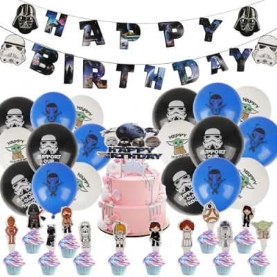 Image of Yo da Birthday Party Decorations, 44PCS Wars Decorations Happy Banner Balloons Cake Topper Cupcake Toppers Spiral for Kids Girls Boys Theme Decoration Supplies