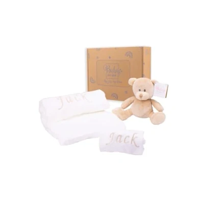 Image of Baby Box Shop Personalised Unisex Gifts Beige Blanket &amp; Bodysuit with Teddy Bear for Baby, Ideal as Shower Christening