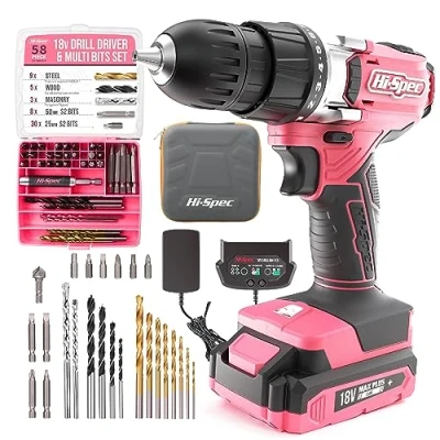 Image of Hi Spec 58pc Pink 18V Cordless Power Drill Driver, Bit Set &amp; Case. Complete and for Home Garage DIY