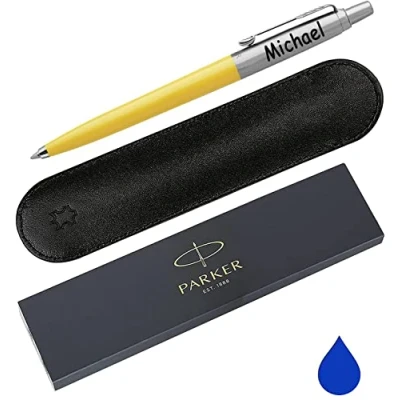 Image of Personalised Engraved Parker Jotter Ballpoint Pen with Genuine Leather Pouch in 15 Colours Choice of Blue or Black Ink, Gift, Jotter, Gifts For Teachers