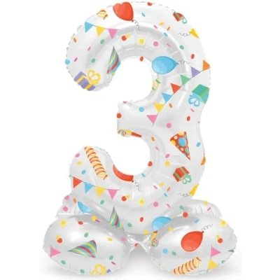 Image of Folat 63963 Birthday Balloon Standing Number 3 Joyful Party White with Gifts and Decoration 72 cm No Helium Required Colourful