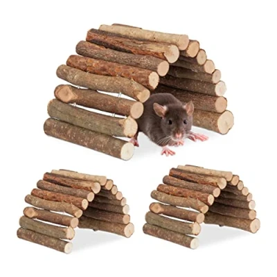 Image of Relaxdays Rodent Bridge Tunnel, Set of 3, 10 x 22 cm, Flexible, Cage Accessory Hamster &amp;, Mice, Natural Wood