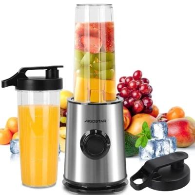 Image of Aigostar Blender Smoothie Maker, 600W Personal with 2x800ml BPA Free Cup, 2 Speeds &amp; Pulse Setting, Mixer for Crush Ice, Juice Vegetable Drinks Baron 00RUA