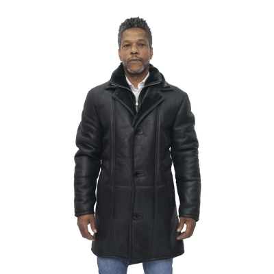 Image of Men&#039;s Warm Black Nappa Leather Shearling Sheepskin Coat 5XL