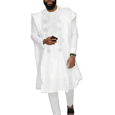 Image of HD African Mens Apparel Agbada Clothing Embroidery Dashiki Shirts and Pants Outfits 3 Pieces white XL