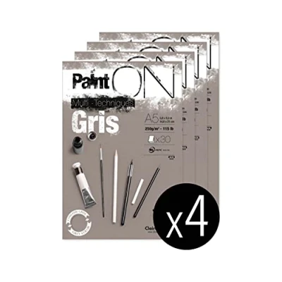 Image of Clairefontaine 975808C A glued pad of Paint&#039;On drawing paper 30 sheets 14.8x21 cm 250g, Gray Pack 4 pads