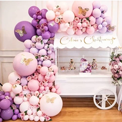 Image of 180pcs Pink Purple Balloon Arch Kit, Baby Rose and Garland Set with Butterfly Stickers, Pastel for Girls Shower, Birthday, Wedding, Bridal Shower Party Decoration