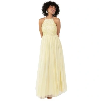 Image of Maya Deluxe Women&#039;s Ladies Bridesmaid Maxi Dress Halter Neck Sequin Embellished Prom Graduation Wedding, Lemon, 12