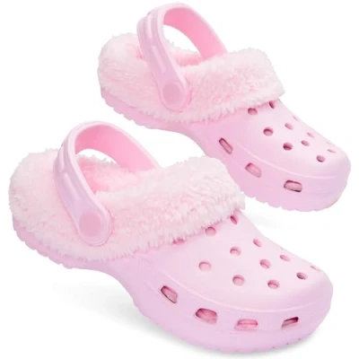 Image of CityComfort Girls Winter Clogs Fleece Lining &amp; Removable Charms, Kids Teens Garden Shoes Slip On with Strap (Pink, 10 UK)