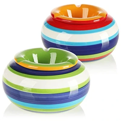 Image of com four® 2x Wind ashtrays made of dolomite ceramic in blue, yellow, green, red, each with colorful stripes (02 pieces Ø 14 cm colored)
