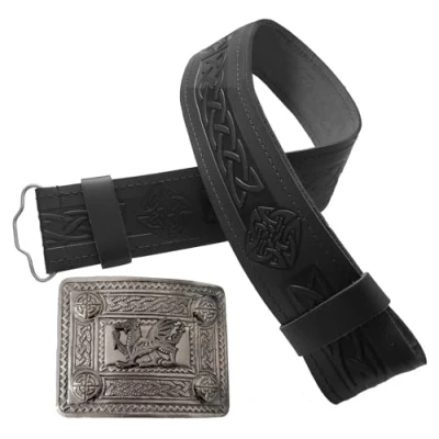 Image of STITCHIFY Traditional Scottish Leather Kilt Belt and Antique Welsh Dragon Buckle (Celtic Embossed/Dragon Black Set, L)