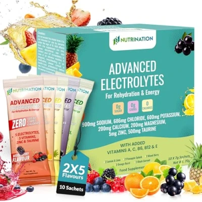 Image of Advanced Electrolytes Sachets High Strength Hydration with 5 Electrolytes, Essential Vitamins &amp; 500mg Taurine for Energy Support Zero Sugar, Calories Variety Pack of 10