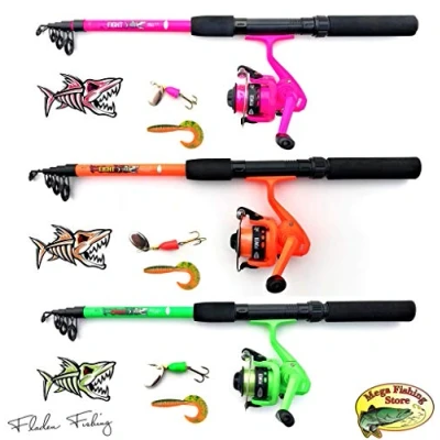 Image of Fladen Children&#039;s Fishing Starter Set, Tele Spinning Combo Green/Orange/Pink, Telescopic Rod, Reel Line, Spinner &amp; Twister, Green, 1,65m