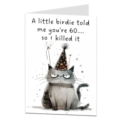 Image of Funny 60th Birthday Card For Men &amp; Women A Little Birdie Cat Design Perfect Best Friend Female Sister Daughter Auntie