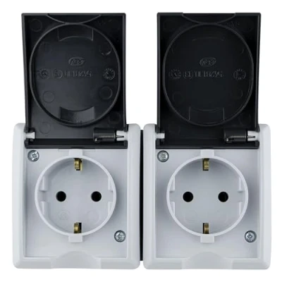Image of REV AquaForm Double Socket Wet Room Socket, IP44, Single Pole, Surface Mounted, Grey