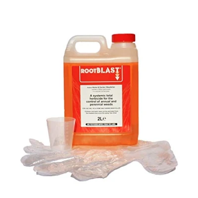 Image of Rootblast Home &amp; Garden Glyphosate Weedkiller Commercial Strength Weed Killer Treats up to 3332 sq.m 2 x 1 Litre Bottle + Complimentary Measuring Cup Gloves, White