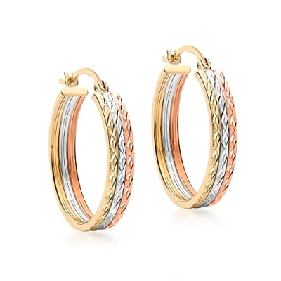 Image of Carissima Gold Women&#039;s 9 ct Three Colour 22 mm Diamond Cut Creole Earrings